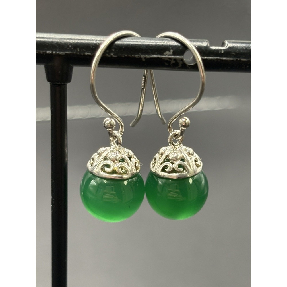 EUC Sterling Silver Green Onyx Ball Dangle Earrings 925 G29